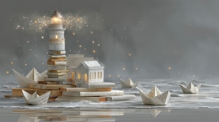 Dreamy Lighthouse Book Stacks Paper Boats Magical Ocean Scene