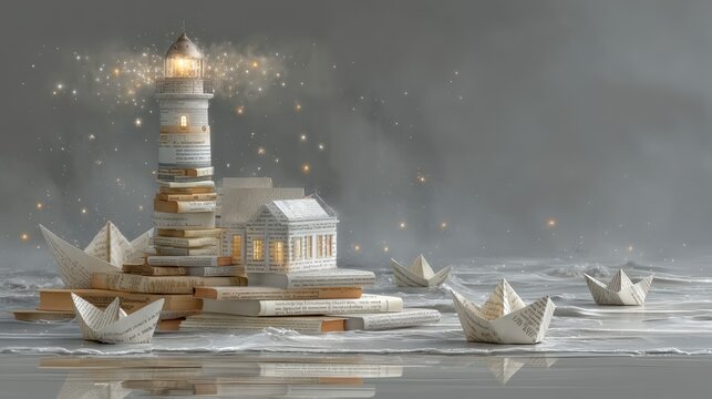 Dreamy Lighthouse  Book Stacks  Paper Boats  Magical Ocean Scene