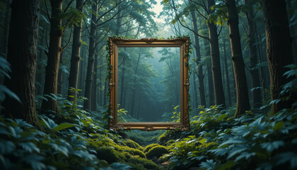 Ornate Picture Frame in Lush Green Forest Landscape Scenery