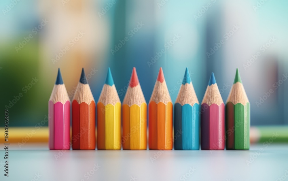Poster a row of colorful, sharpened pencils stands upright on a smooth surface with a soft, blurred backgro