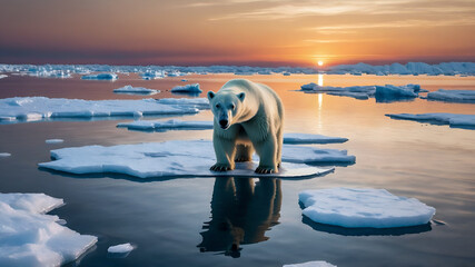 Winter landscape with polar bear in ice and sunset