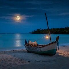 Tropical fishing boats rest on the turquoise water of a summer beach, a perfect blue sky over a serene island coast