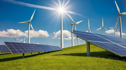Wind turbine and solar panels; renewable energy 