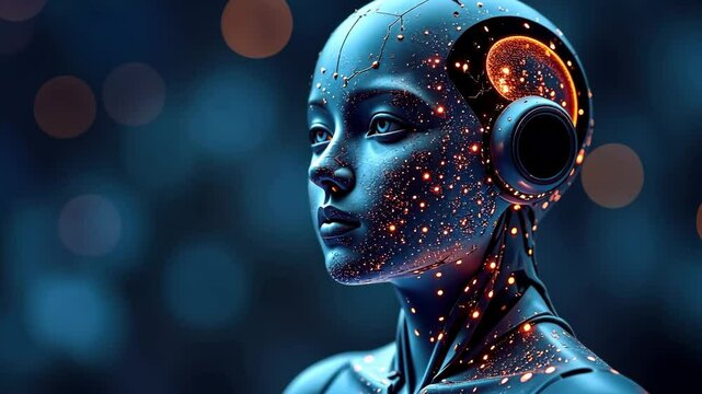 Futuristic humanoid robot with intricate glowing patterns and headphones, showcasing advanced technology and artificial intelligence in a visually captivating environment. Generative 4k video.