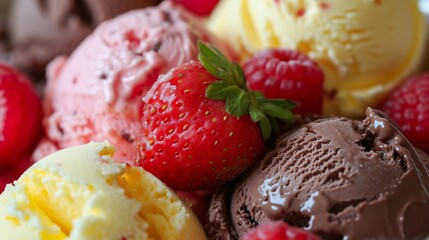 Variety of ice cream scoops with fresh strawberries and raspberries
