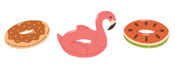 Set of inflatable swimming rings. Summer rubber rings for the pool. Flamingo, donut, watermelon. Flat vector illustration.
