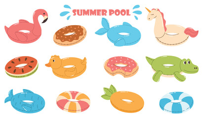 Set of inflatable swimming rings. Summer rubber rings for the pool. Crocodile, flamingo, donuts, duck, unicorn, pineapple. Flat vector illustration.
