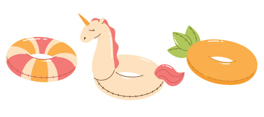 Set of inflatable swimming rings. Summer rubber rings for the pool. Unicorn, pineapple. Flat vector illustration.