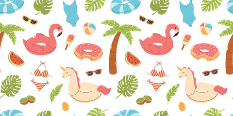 Seamless pattern with beach elements. Palm tree, bathing suits, swimming rings, sunglasses, palm leaves, ice cream. Flat vector illustration.