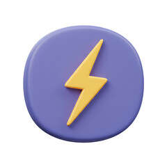 Three dimensional rendering of a yellow lightning bolt icon centered on a purple circle to symbolize power and energy.
