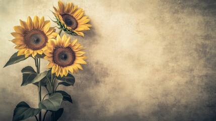 Natural bouquet of blooming sunflowers placed to the left edge of a soft butter-colored background, 