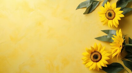 Natural bouquet of blooming sunflowers placed to the left edge of a soft butter-colored background, 