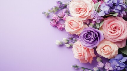 Isolated bouquet of soft purple and pink flowers arranged only on the lower right corner of a pastel purple background,