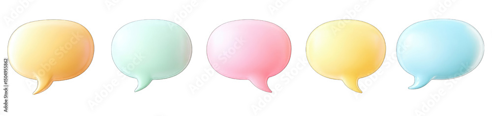 Poster five pastel-colored speech bubbles arranged horizontally, each with a subtle shadow and a dashed out