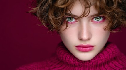 Fototapeta premium Close up Portrait Young Woman Curly Hair Pink Sweater Green Eyes Makeup