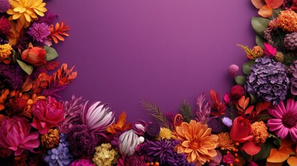 Colorful floral arrangement tucked into the bottom left corner of a matte violet backdrop, full space 