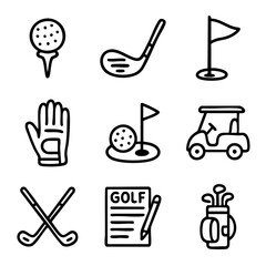 A set of doodle line icons showing golf gear, clubs, golf ball, cart, flag, glove, and scorecard for golfing themes and sports design