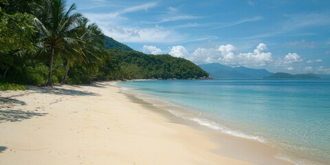 A peaceful, empty stretch of white sand beach lined with palm trees