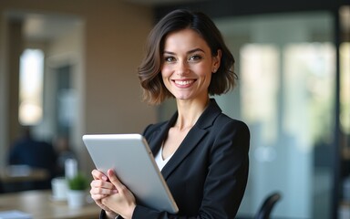 Portrait of happy businesswoman with touchpad in office looking at camera. High quality