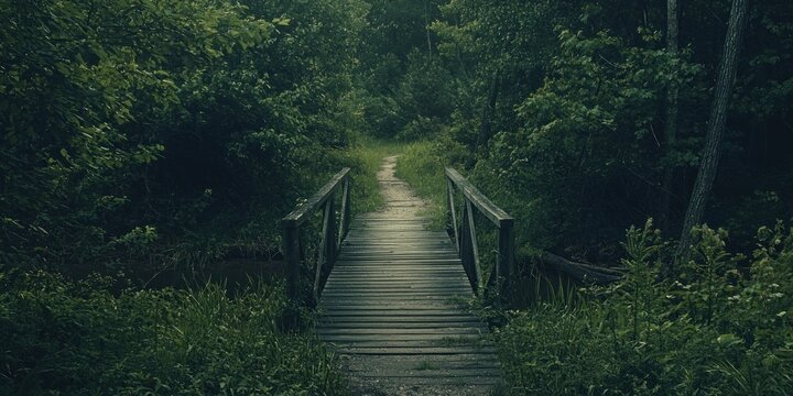 A peaceful hiking trail leading to a rustic wooden bridge deep in the woods