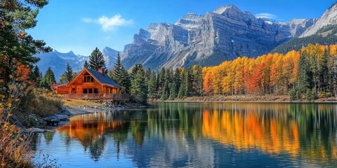 A peaceful lakeside cabin surrounded by towering mountain peaks and autumn foliage