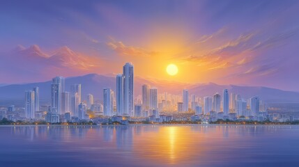 Obraz premium Serene Sunset Coastal Cityscape Stunning Skyline Panorama