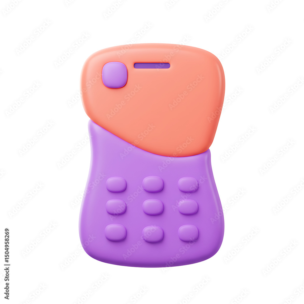 Poster 3d rendering of a colorful cartoon phone with a rounded shape in an orange and purple color scheme o