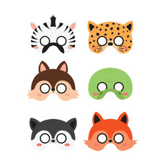 Fototapeta premium Set Animal Face Mask Flat Design Cartoon Icon Illustration