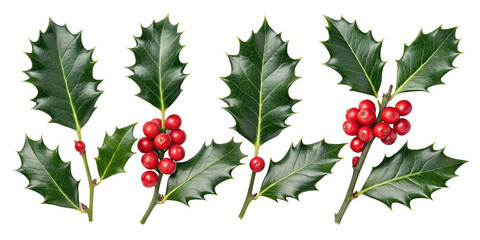 Holly sprigs with red berries isolated on transparent background