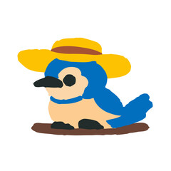 a blue bird wearing a yellow hat and a blue scarf