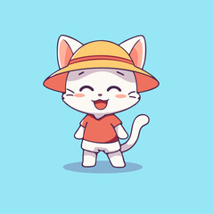 a cartoon cat wearing a hat and a red shirt