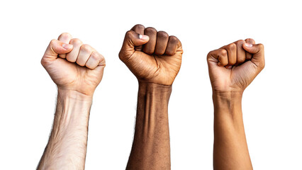 Three diverse fists raised in unity isolated on transparent background