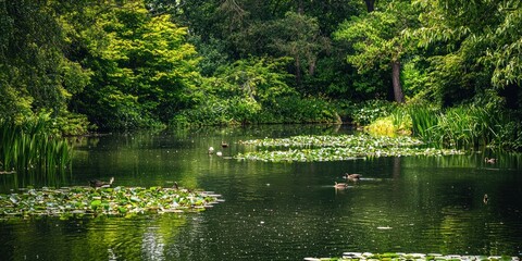 A peaceful pond surrounded by lush greenery, with ducks swimming among water lilies