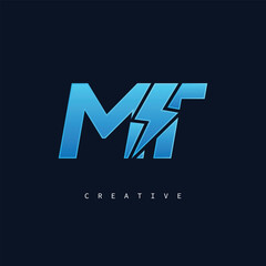 MT Thunderbolt Monogram – Futuristic Electric Logo with Bold Blue Energy Strike