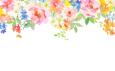 Vector frame illustration of abstract pink peonies , roses and wild flowers painted in watercolor. hand painted floral background for spring and summer.