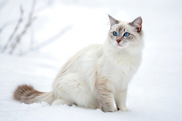 Beautiful white cat with blue eyes in winter snow