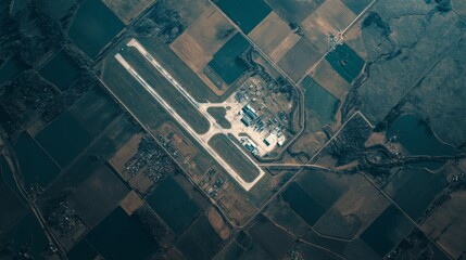 Aerial view of airport runway development rural landscape photography vast open fields bird's eye perspective