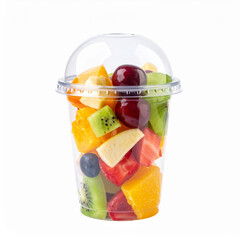 Fresh fruit salad in a plastic cup with a dome lid, featuring colorful chunks of various fruits on a white background.