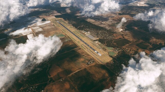 Aerial view of an airport runway surrounded by clouds scenic landscape photography above travel insight