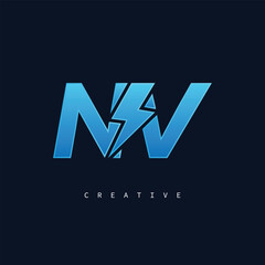 NV Thunderbolt Monogram – Futuristic Electric Logo with Bold Blue Energy Strike