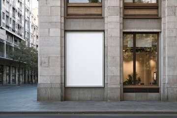 A blank, vertical billboard mounted on a stone building's facade, flanked by large windows showing an interior space and a city street