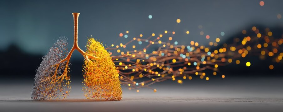 smoking cessation program concept. Artificial lungs made of branches, emitting light particles.