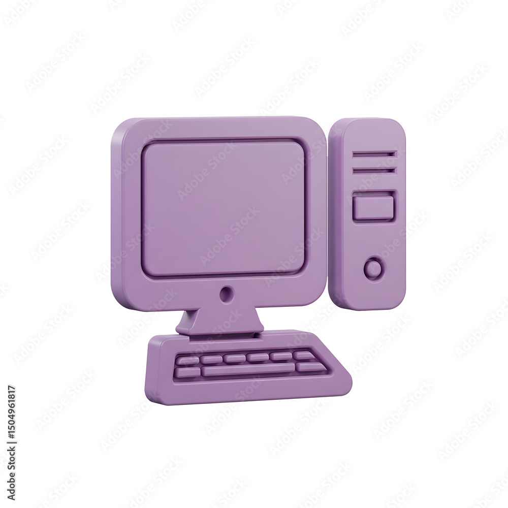 Poster stylish three dimensional illustration of a retro purple computer with a monitor keyboard and tower 