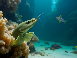 Marine life in the Underwater world of Bonaire green moral eel bandit shrimp and trunk fish in one single tank scuba diving Underwater macro photography. Creative Banner. Copyspace image