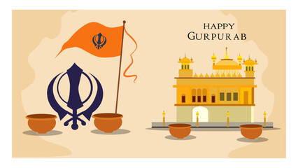 Happy Gurpurab Sikh Festival Vector Banner Illustration Set - Golden Temple & Khanda-01