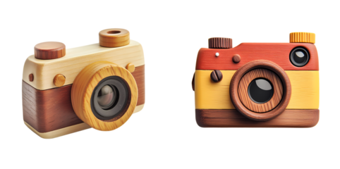 Retro Wooden Toy Cameras on transparent background – Vintage Photography Concept