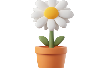 A cheerful, 3D-rendered daisy in an orange pot, featuring simplistic design and bright colors