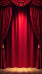 Crimson velvet stage curtains, single spotlight illuminates center , shadow, texture