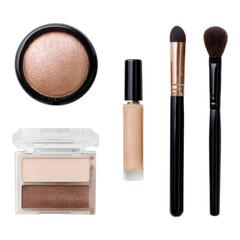 A set of makeup products including eyeshadow, brushes, and lip gloss arranged neatly.
