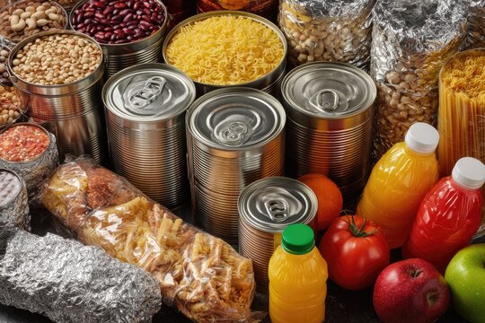Diverse assortment of canned goods, pasta, grains, fruits, and juices, tightly arranged for a plentiful, visually engaging display of non-perishable food items